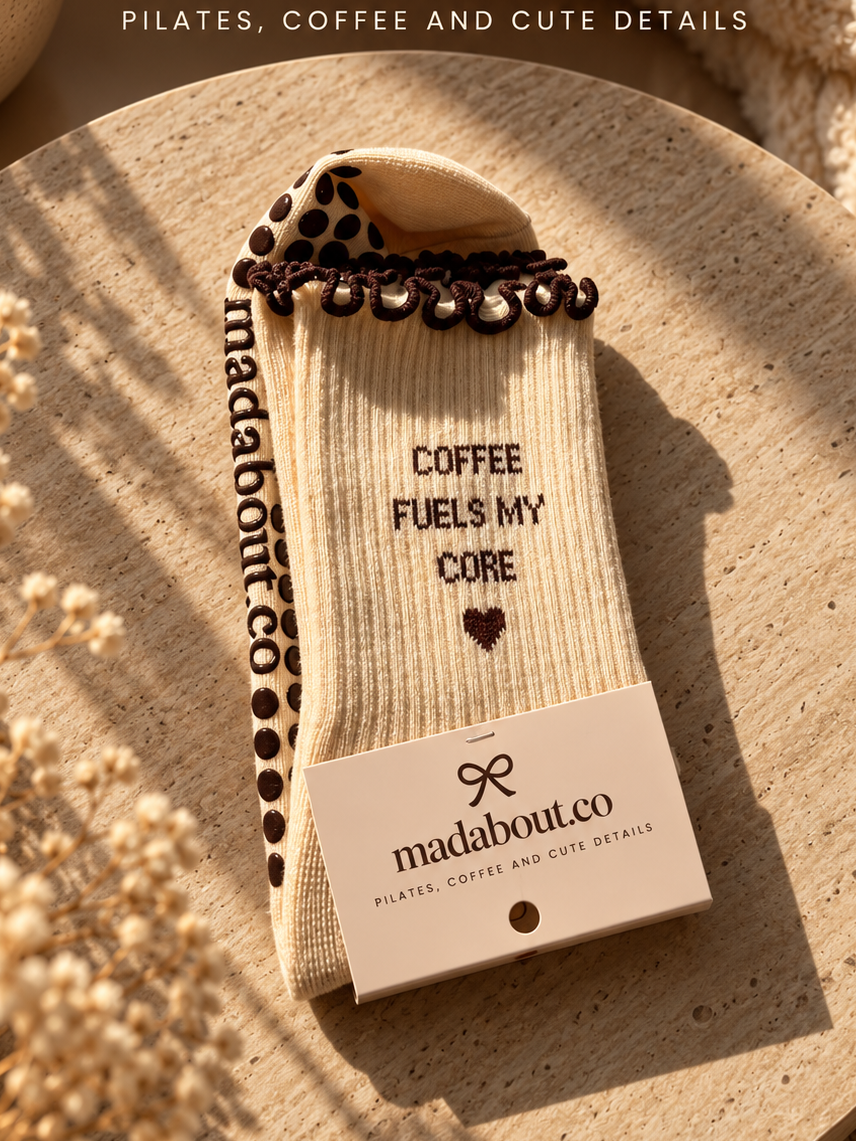 Cream madabout.co Coffee Fuels My Core grip socks with chocolate ruffle trim and heart detail